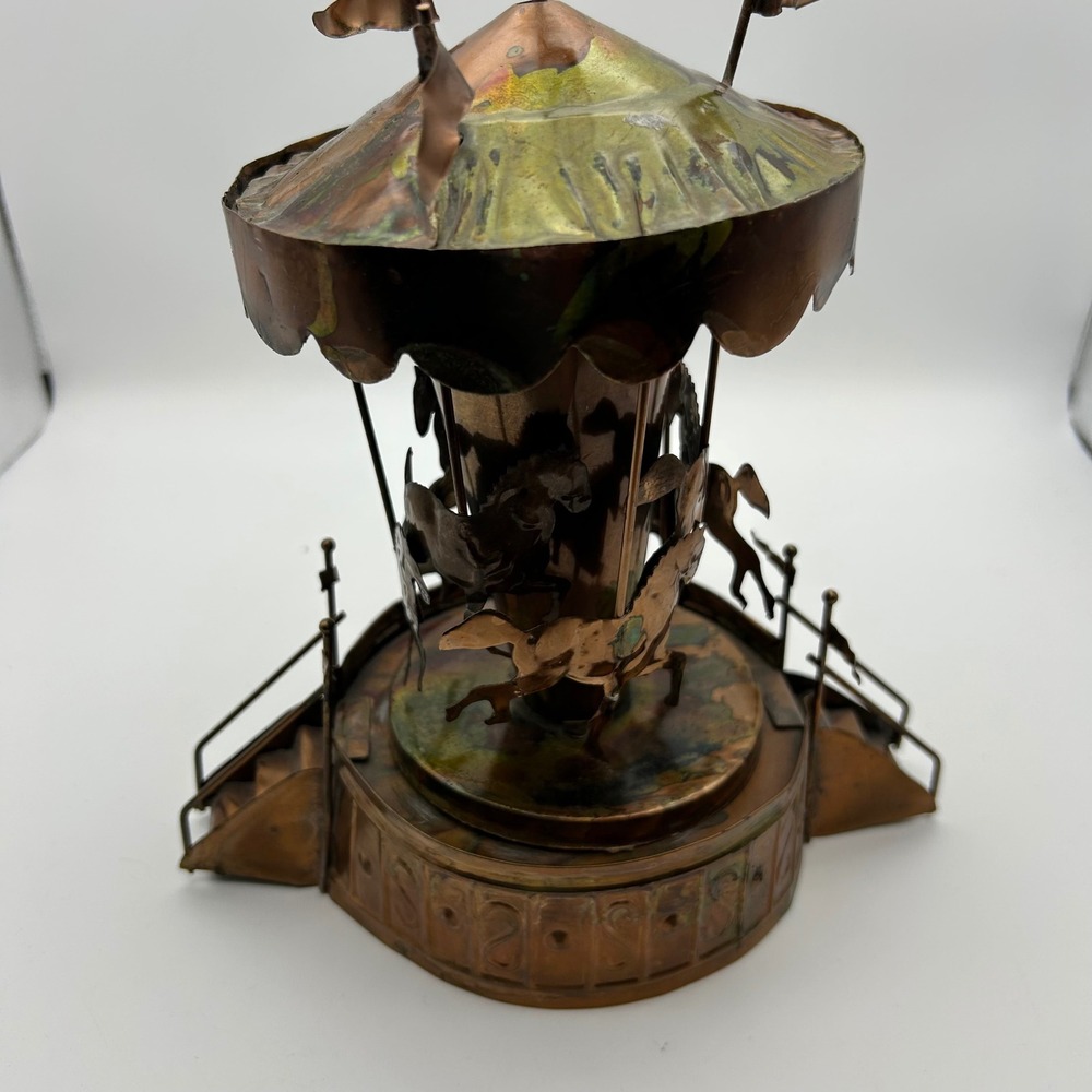 Vintage Copper Carousel Music Box Sankyo Japan Movement Rotating Merry Go Round
